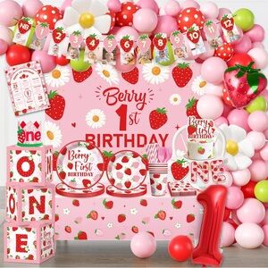 “Berry 1st Birthday” Strawberry Themed Birthday Party Supplies Set